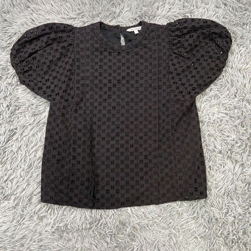 Elizabeth And James Black Eyelet Puff Sleeve Blouse Top Size Small Lined